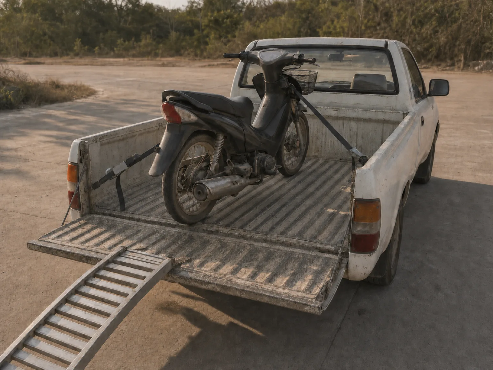 A motorbike standing in a pickup bed, front wheel strapped to the headboard, aluminium ramp still hooked on the tailgate
