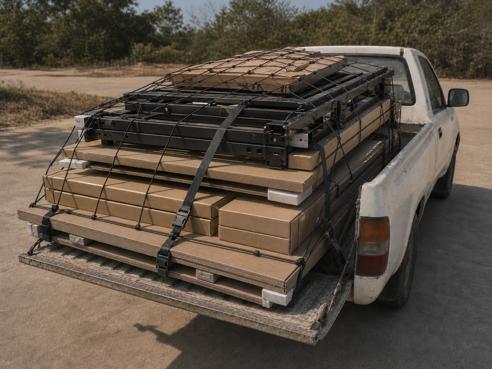 A pickup bed loaded past the top of its side rails with a wardrobe laid flat, a bed frame and stacked boxes, tailgate down and the load overhanging it slightly