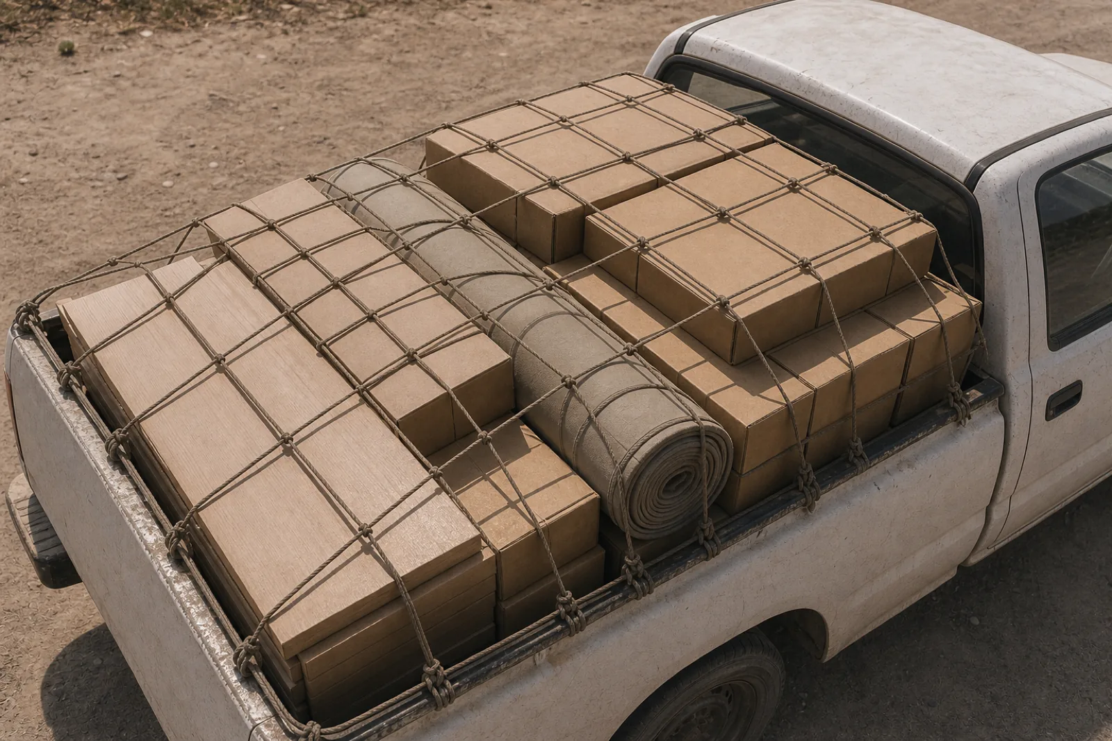 A pickup bed packed with a rolled mattress, stacked cardboard boxes and a dismantled table, tied under a net